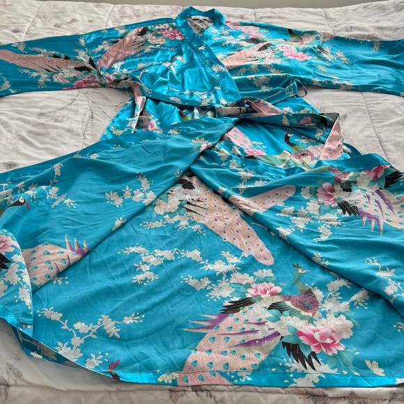 Applesauce teal blue satin peacock floral silk-like belted robe, one size boho - Picture 5 of 16